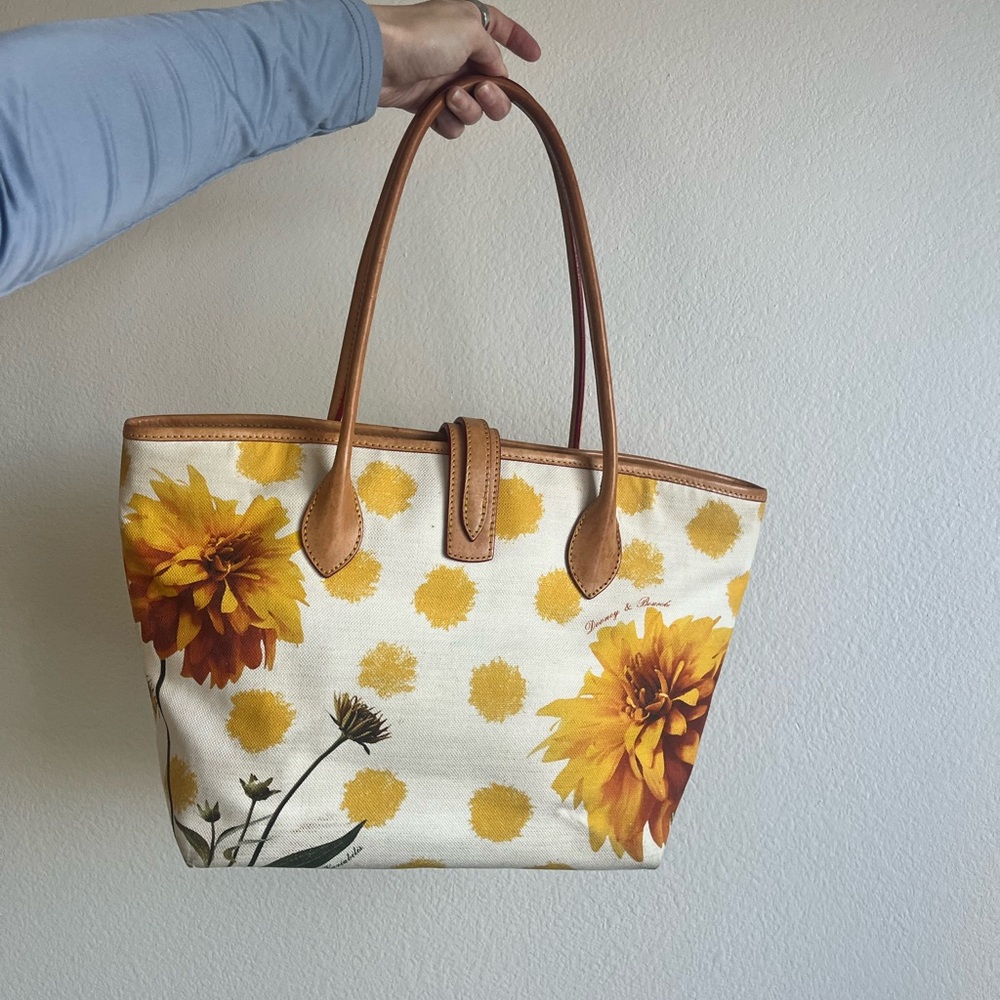 Dooney & Bourke Yellow Floral Tote with Tan Leather Handles - Picture 2 of 8
